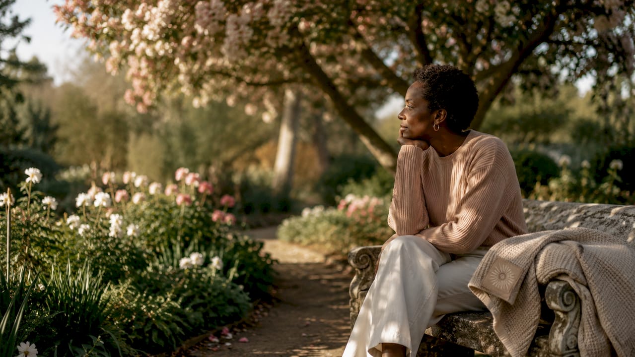 Person quietly reflecting on wooden park bench
