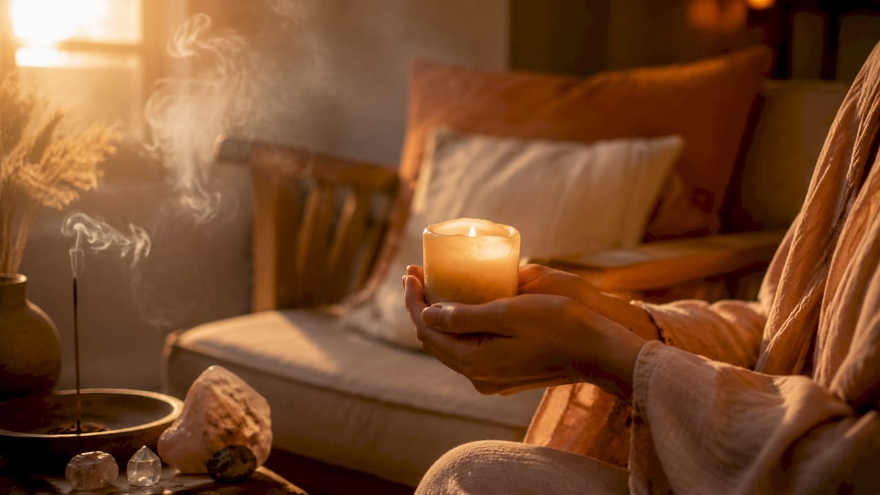 Hands holding a glowing candle with incense smoke