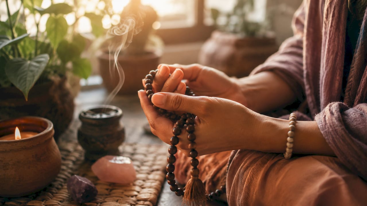 Hands holding prayer beads in meditation