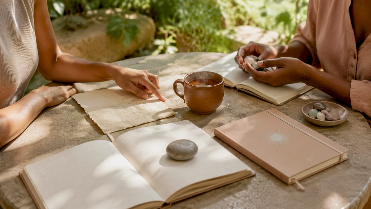 Hände, die Notizen in Wellnessbüchern schreiben