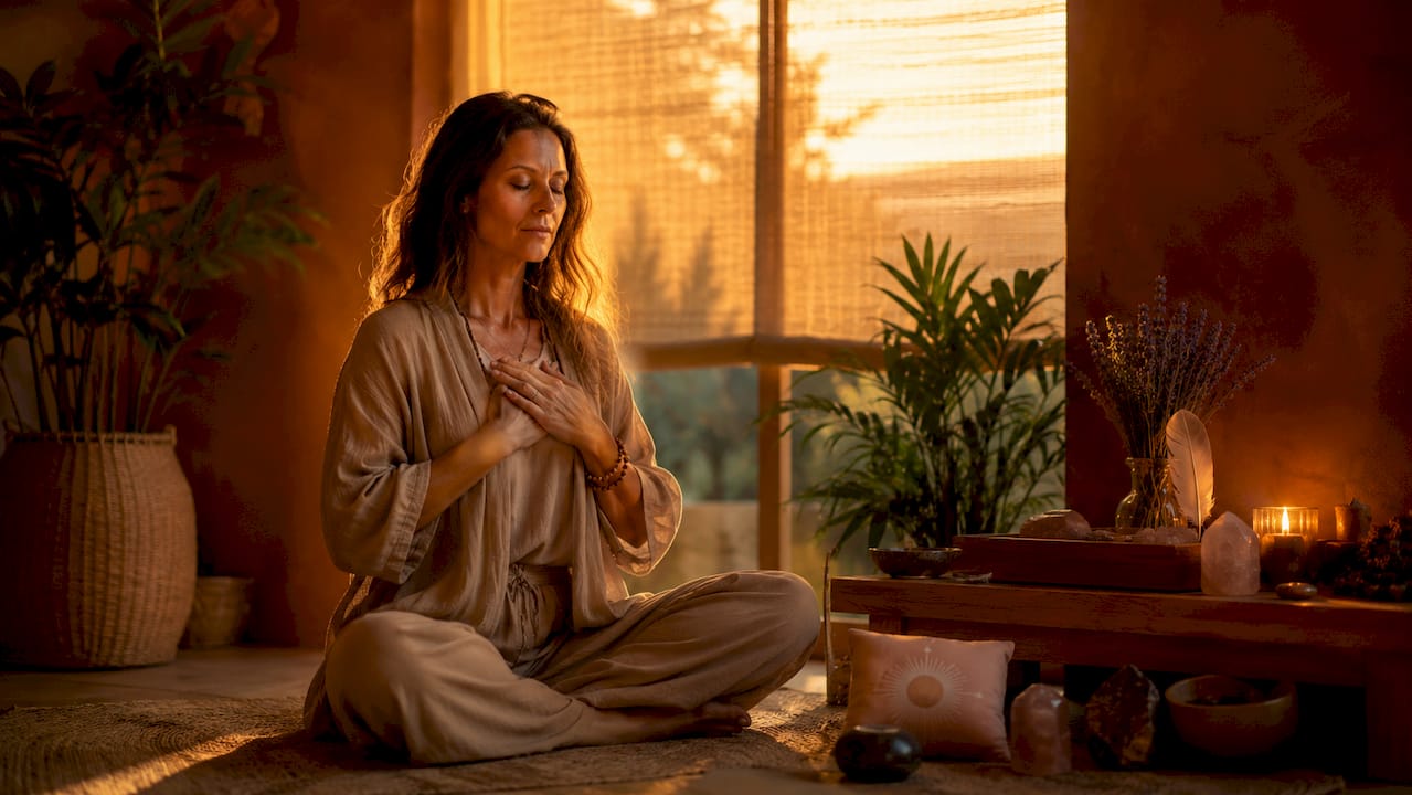 Woman meditating with candlelight and crystals