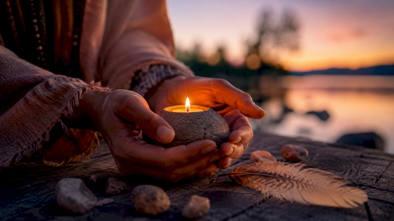 Hands holding candle flame with crystal on table