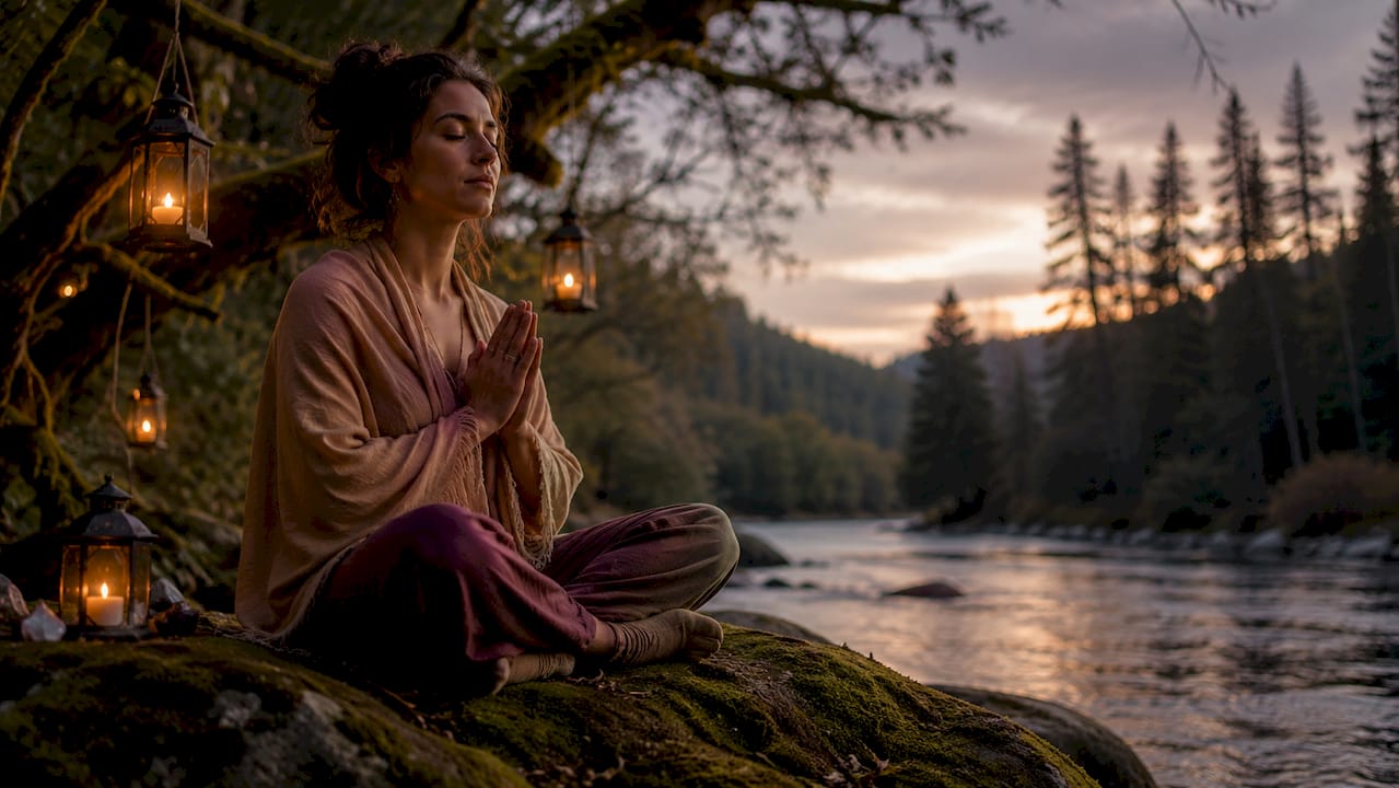 Woman meditating peacefully in forest clearing