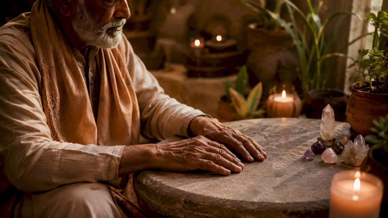 Hands resting calmly by candlelight