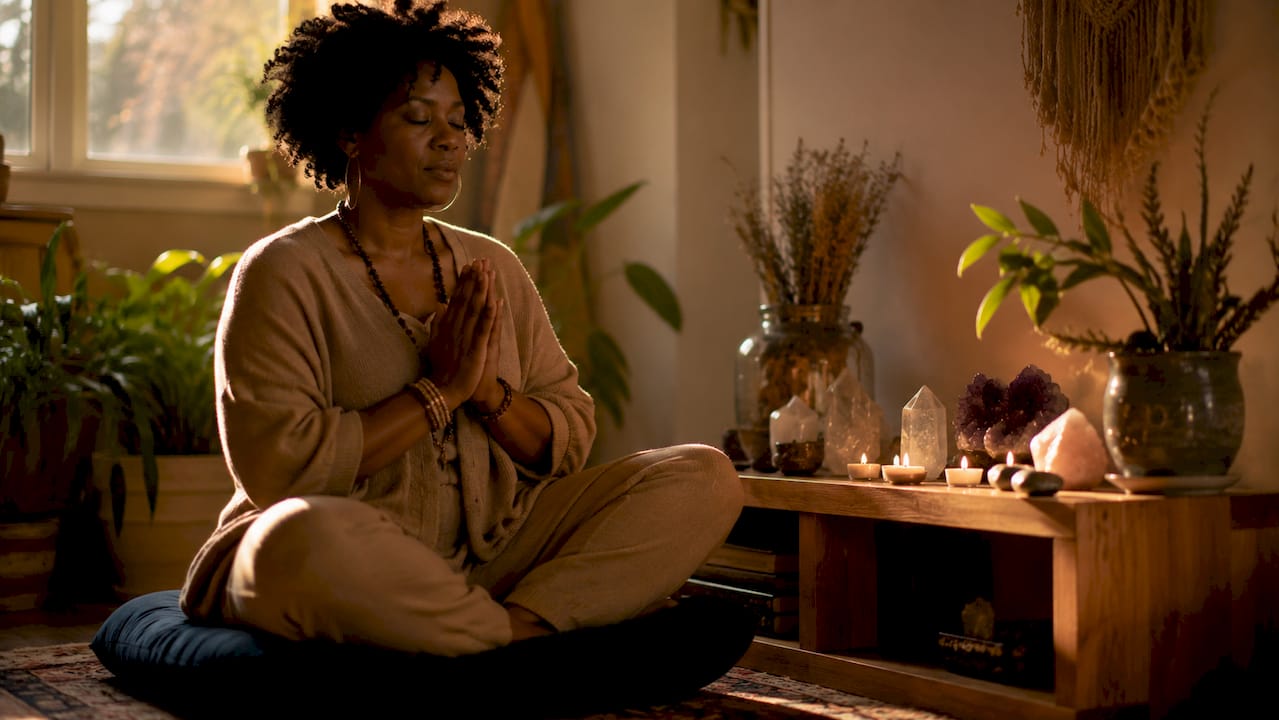Woman meditating in warm spiritual space