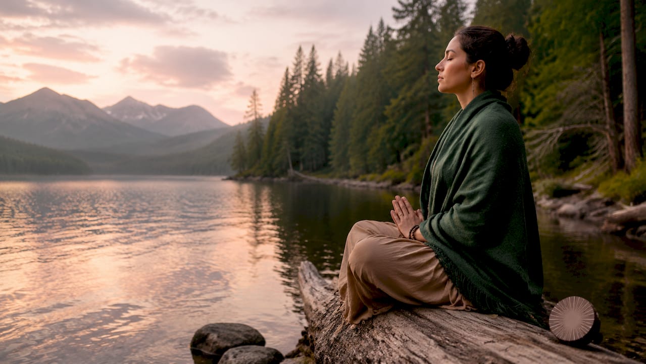 Person meditating in nature at sunrise by lake