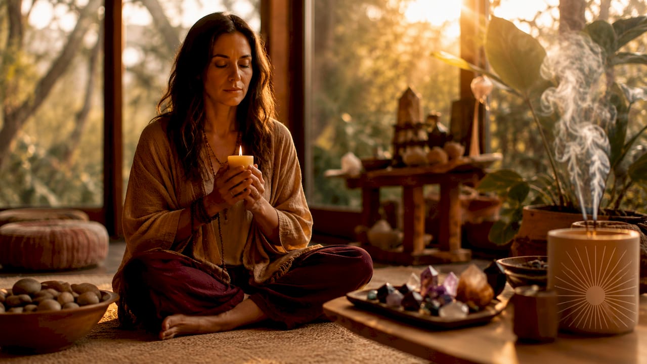 Woman meditating with candle and crystals in warm light