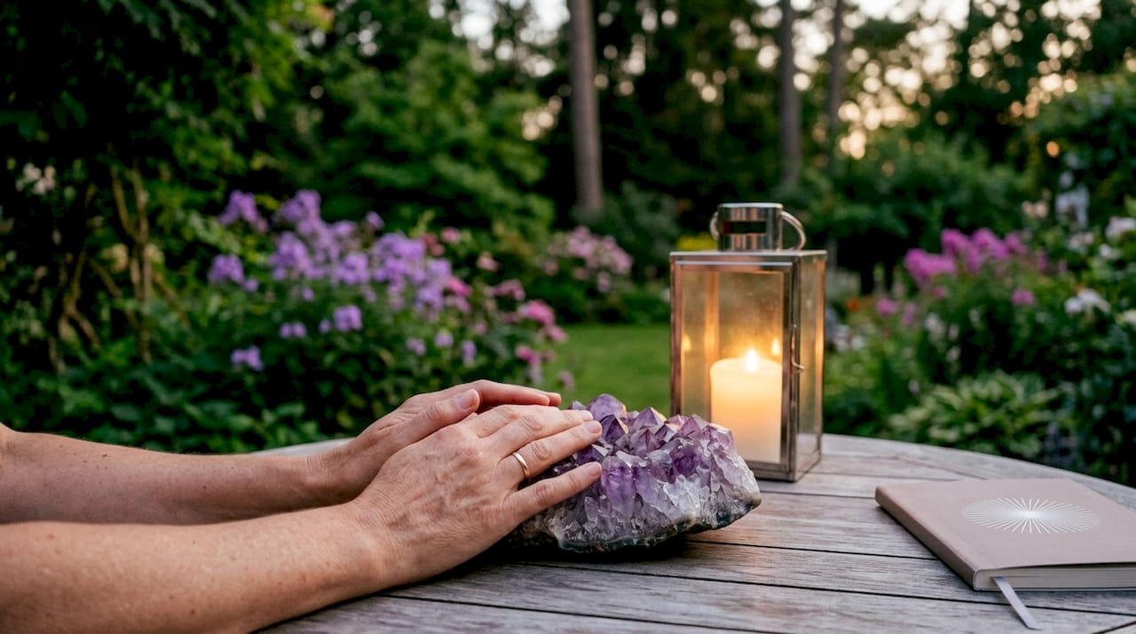 Hands resting on amethyst crystal by candlelight outdoors at sunrise