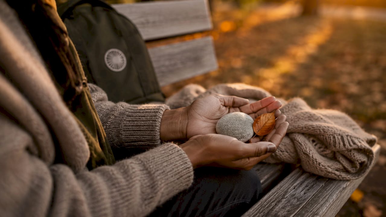 Close-up hands holding natural objects outdoors