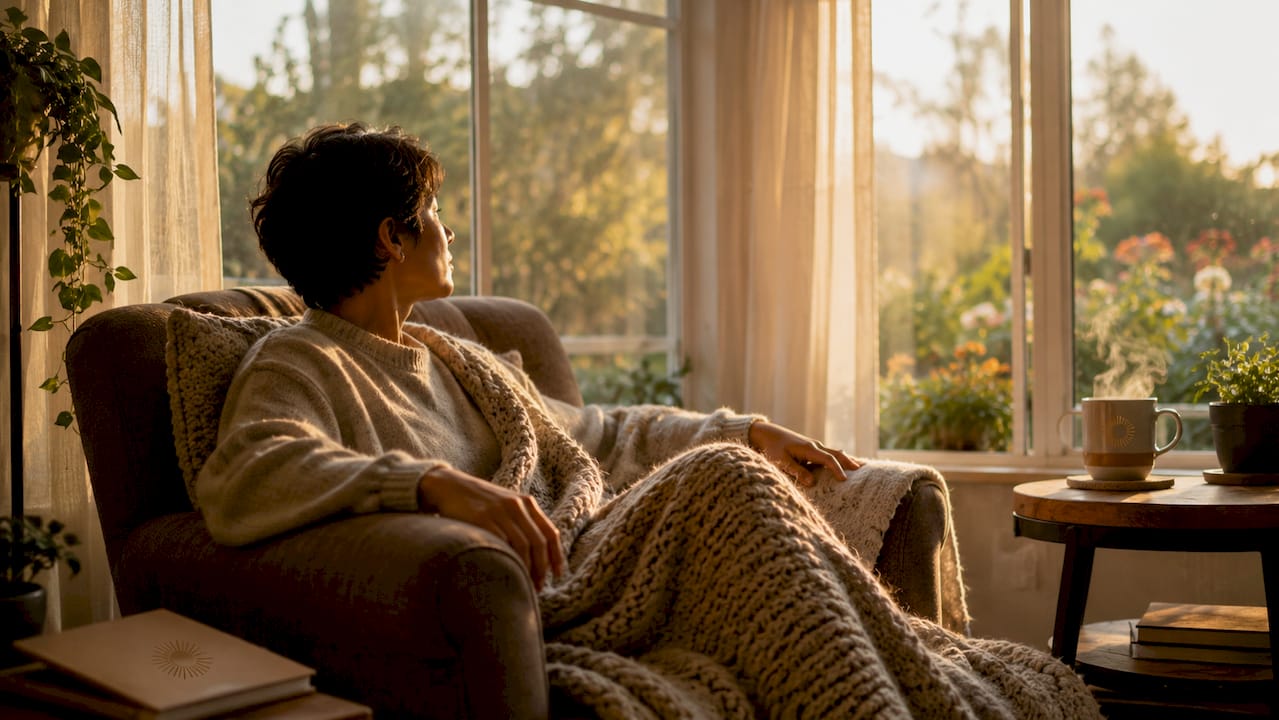 Person quietly reflecting in sunlit home armchair
