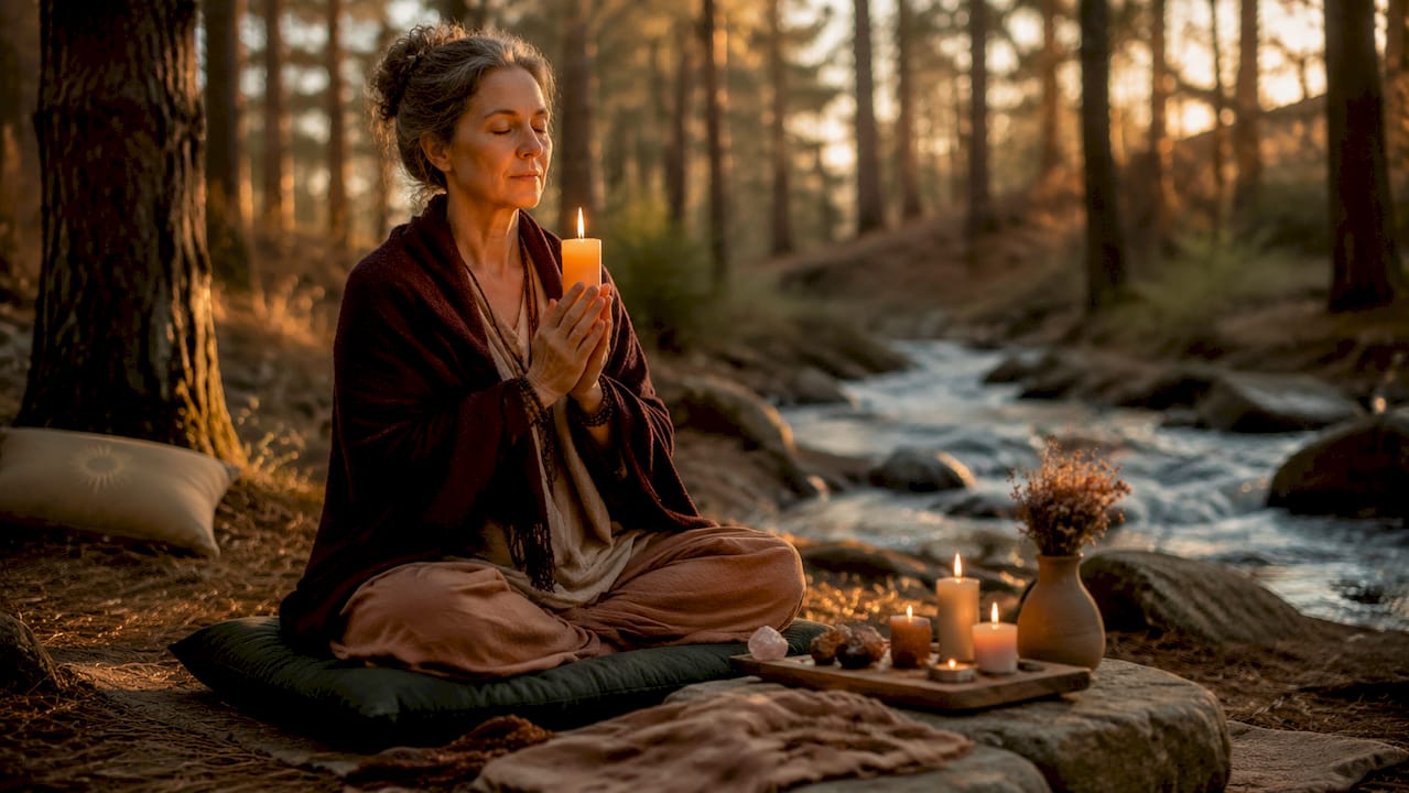 Woman meditating with candle in forest clearing