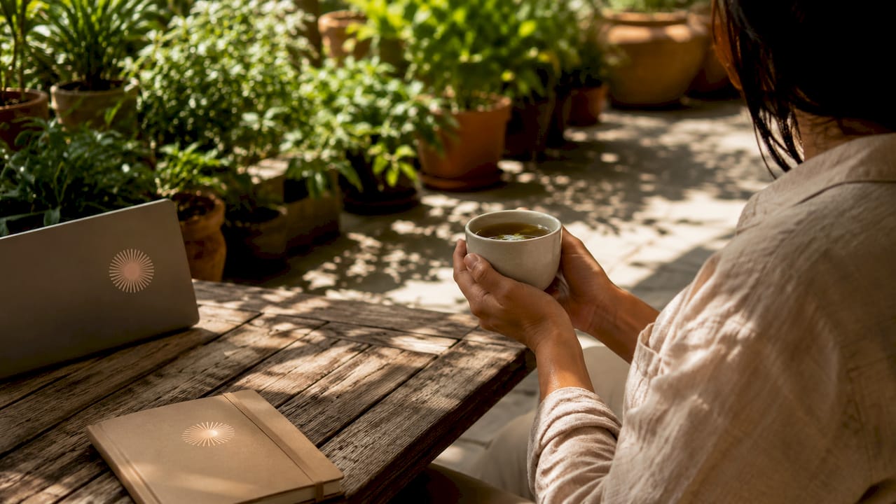 Close-up of hands holding mug in morning kitchen light