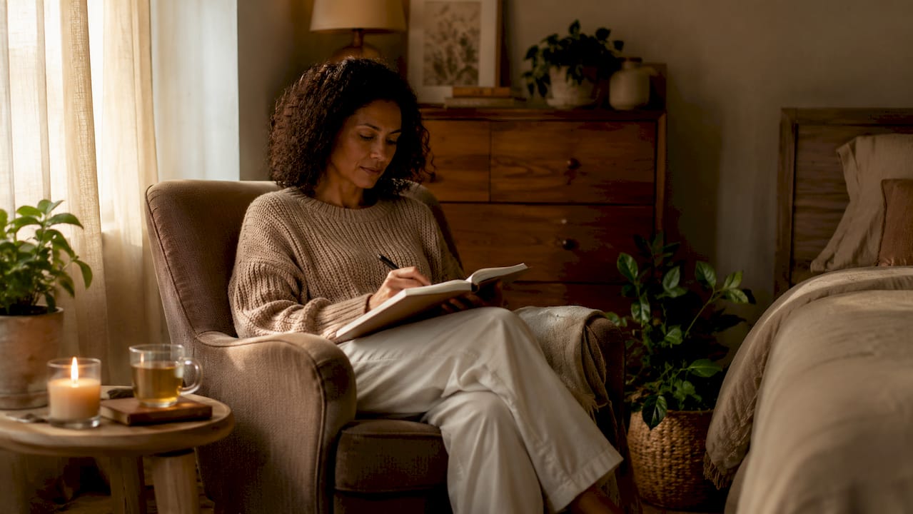 Person quietly journaling at home in natural light