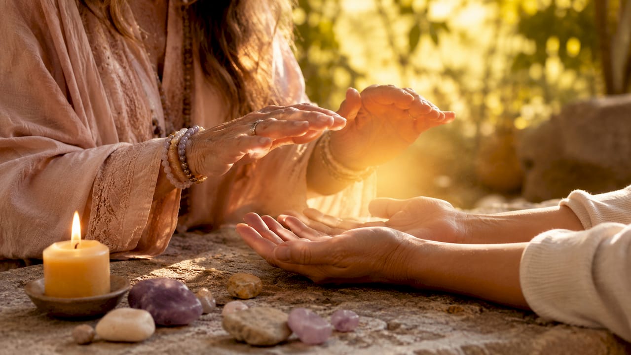 Reiki practitioner hands emitting calming energy over palms