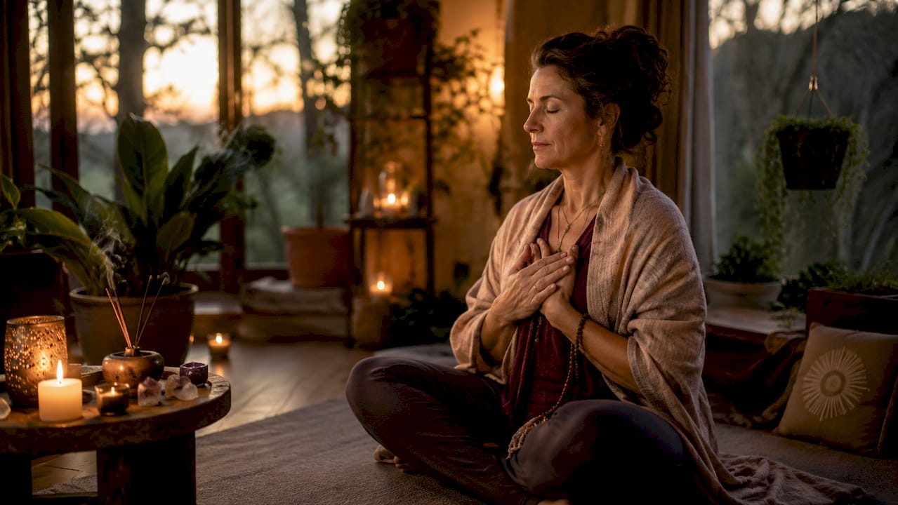 Woman meditating by candlelight in warm sacred space