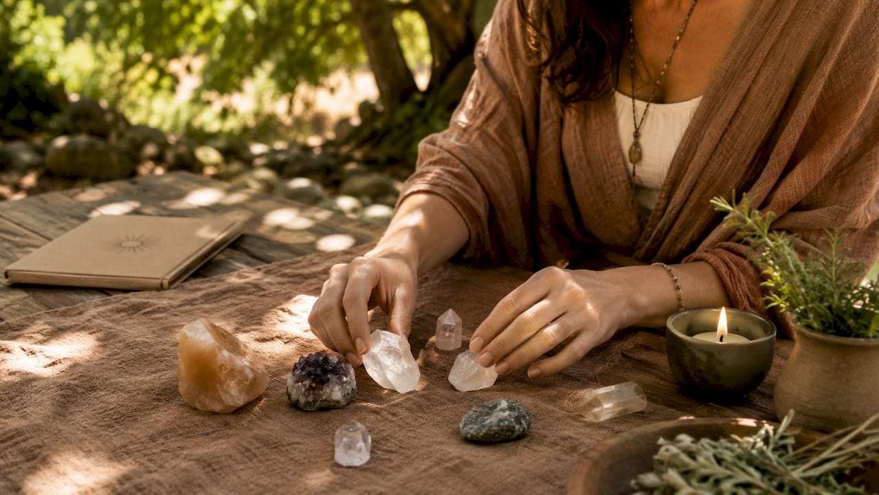 Hands holding crystals near candlelight