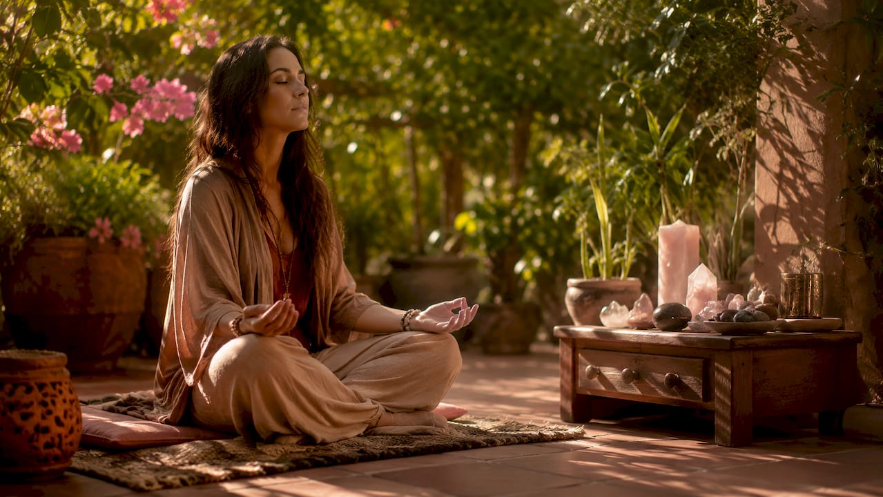 Woman meditating in warm sacred home space
