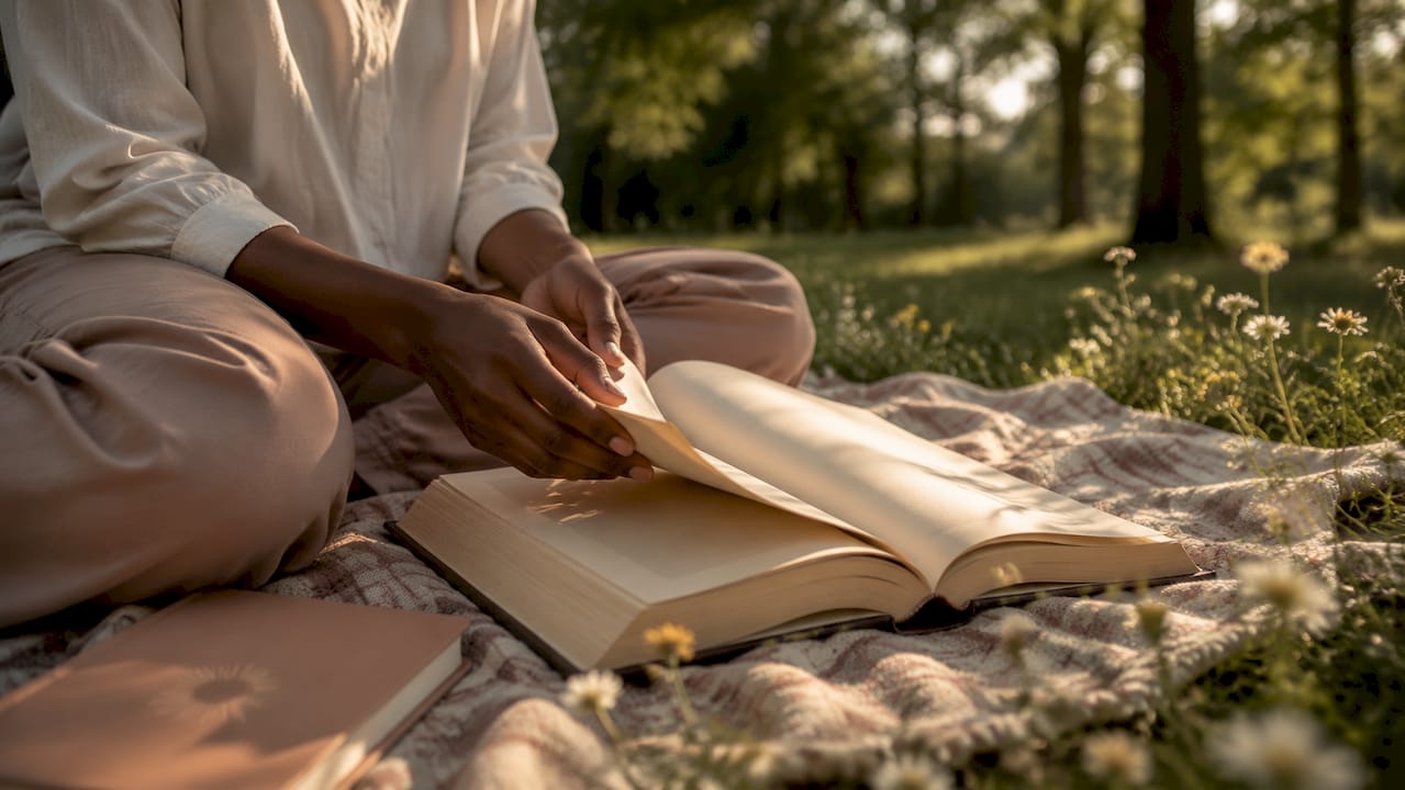 Close-up of hands flipping book pages outdoors