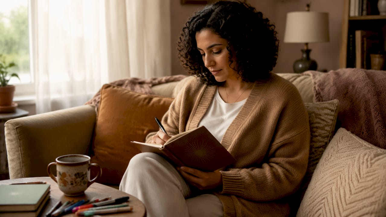Person reflecting with notebook by window light