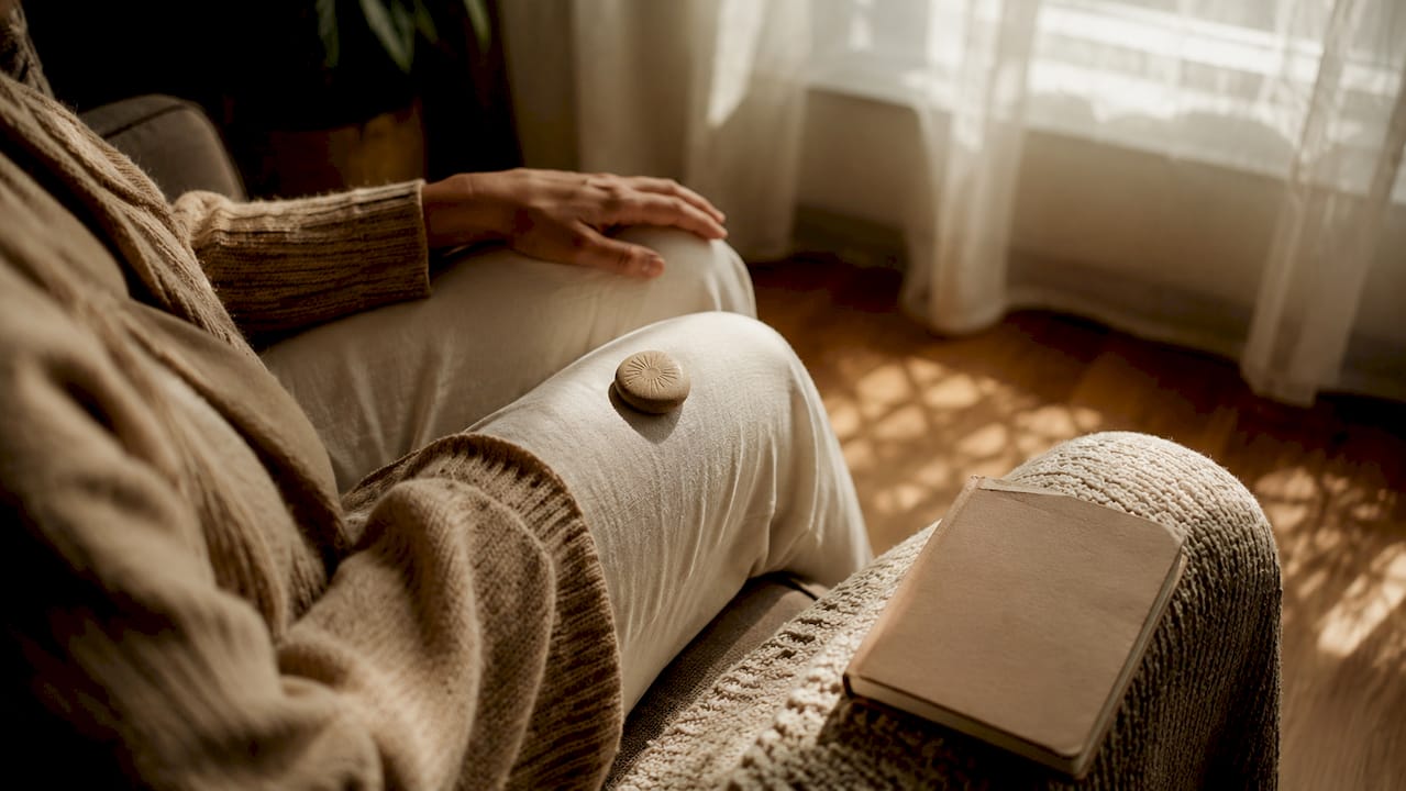 Hands holding mindfulness reminder stone in therapy