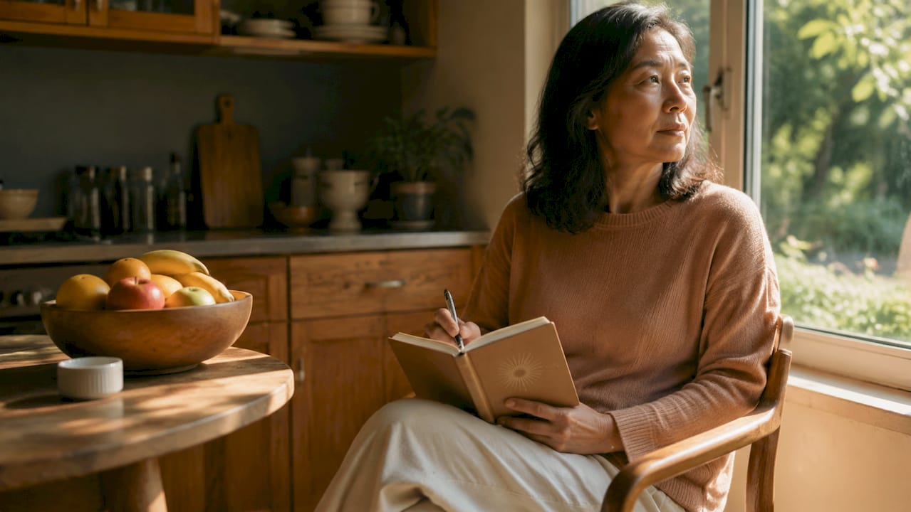 Person quietly reflecting in cozy living room
