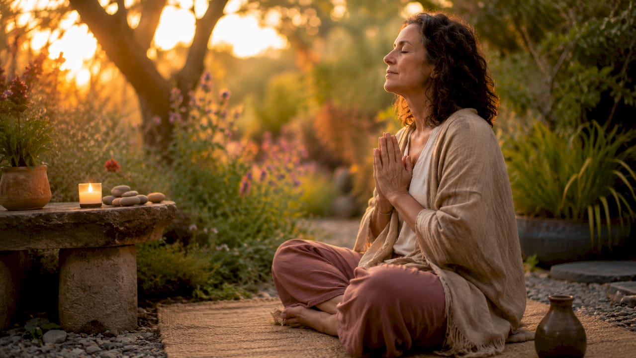Quiet woman meditating with candlelight and incense