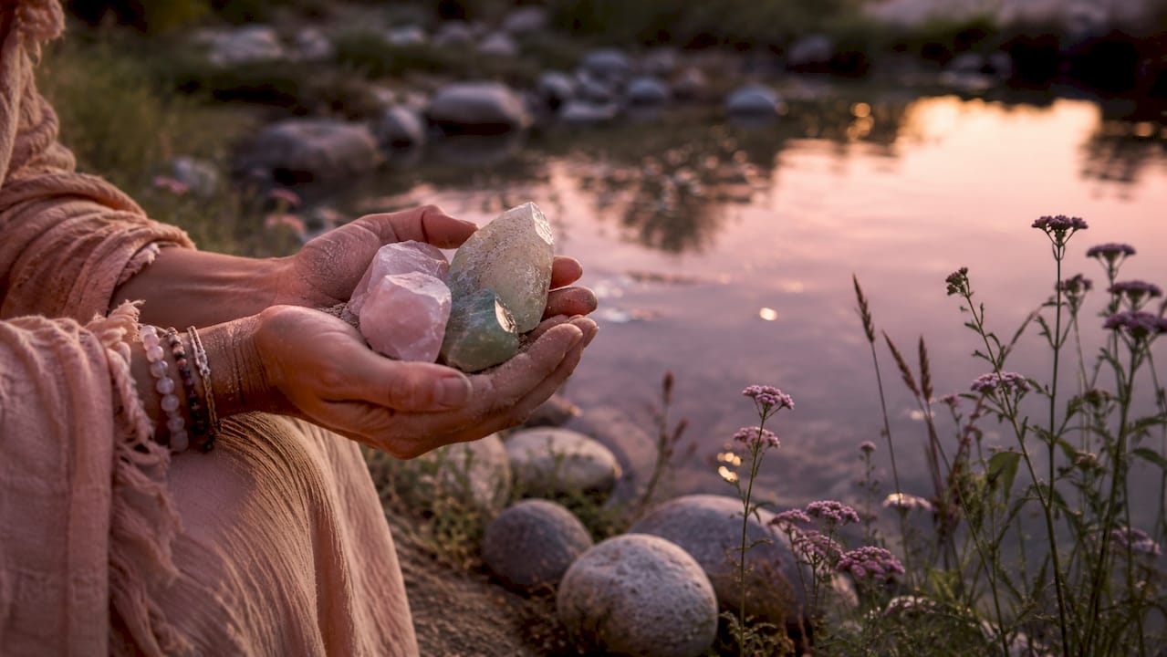 Hands holding crystals near tree at sunrise