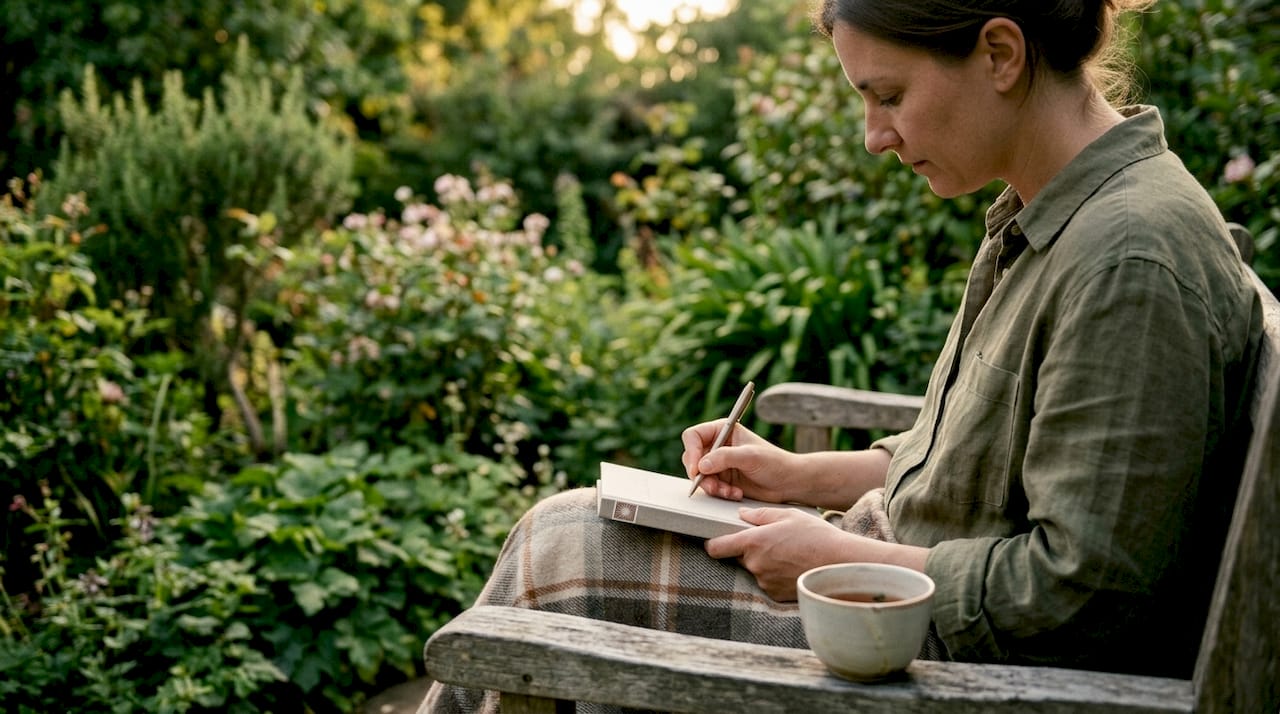 Hands journaling mindfulness in golden light