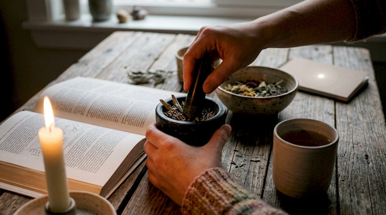 Close-up of hands examining herbal study papers