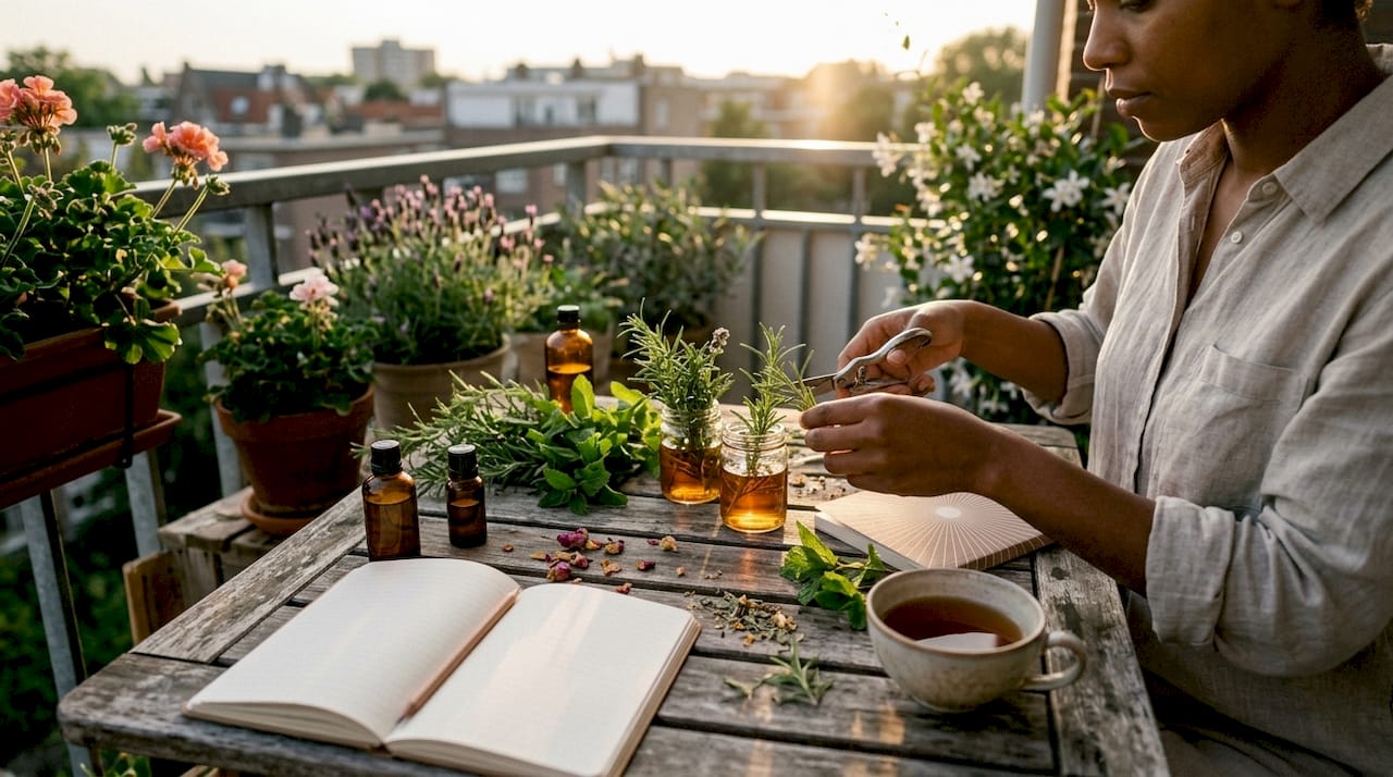 Person arranging herbs and tinctures on table