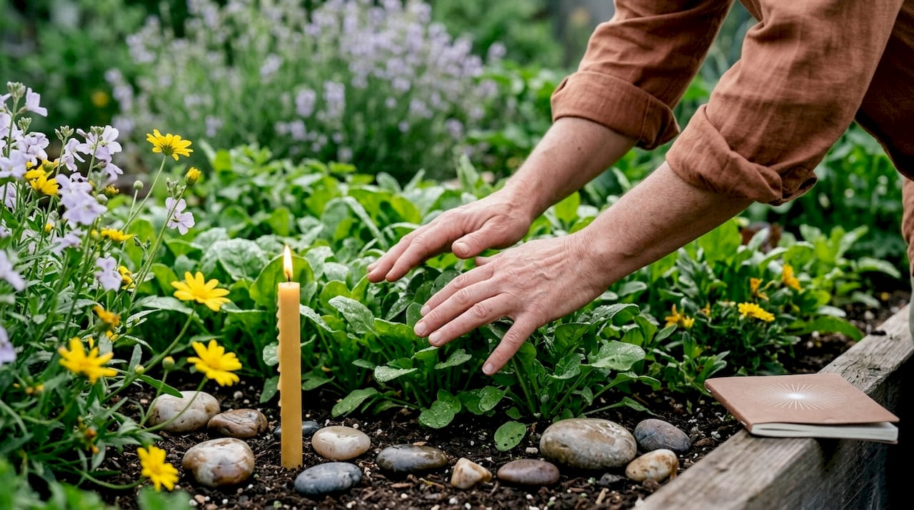 Hands touching soil with candle and crystals