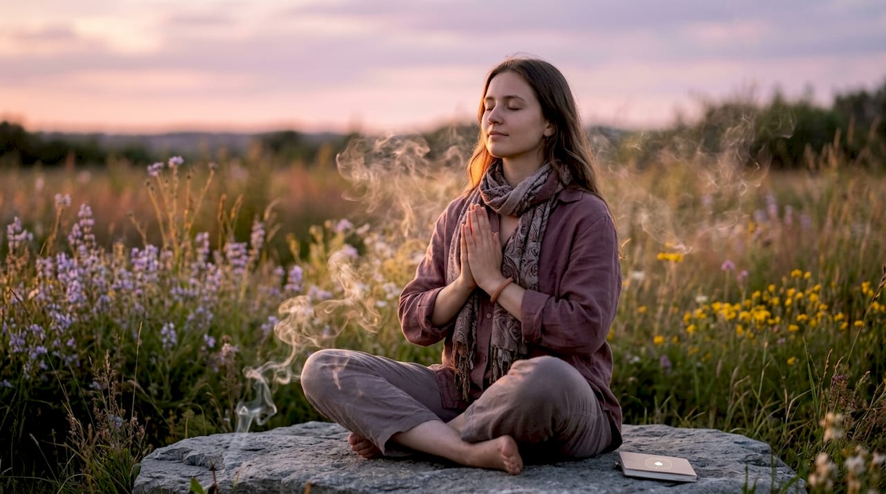 Woman meditating peacefully in forest at sunset