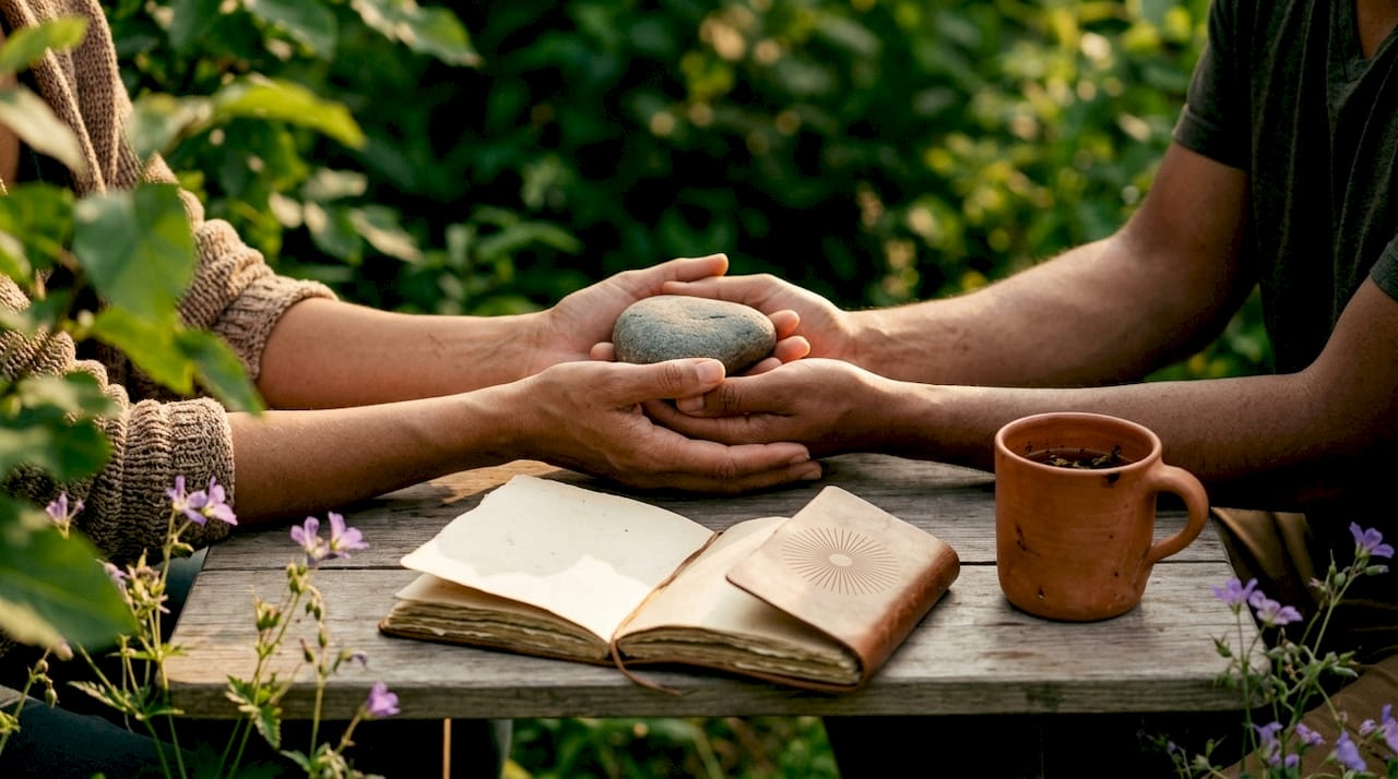 Hands holding stone and journal in therapy space