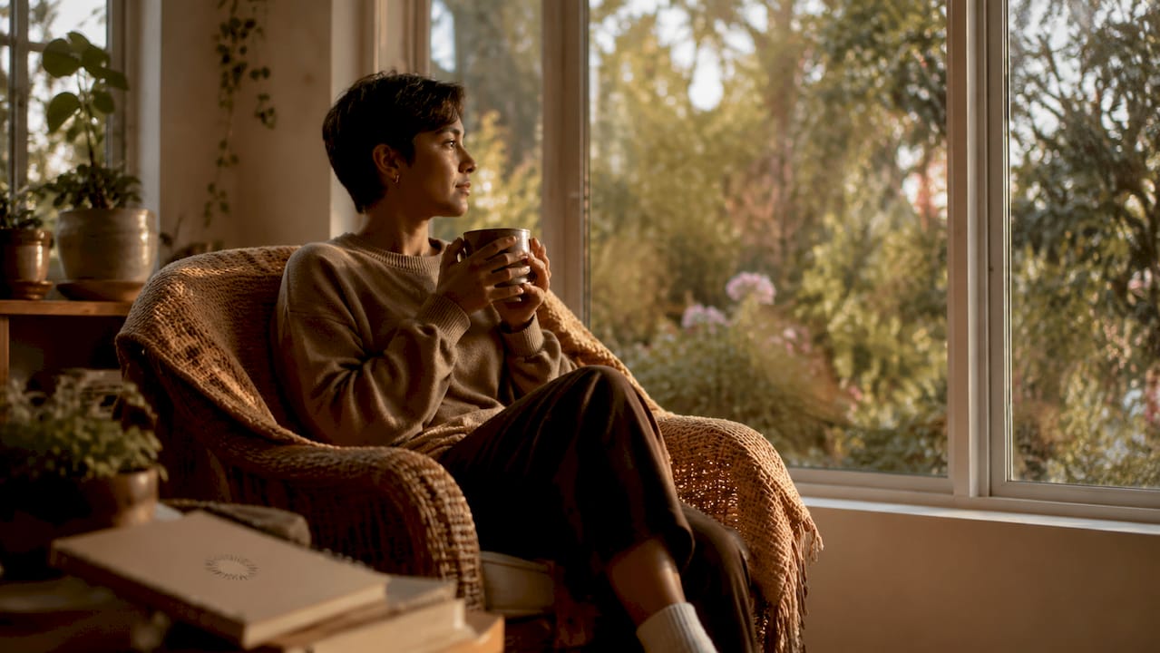 Person quietly reflecting at home with warm light