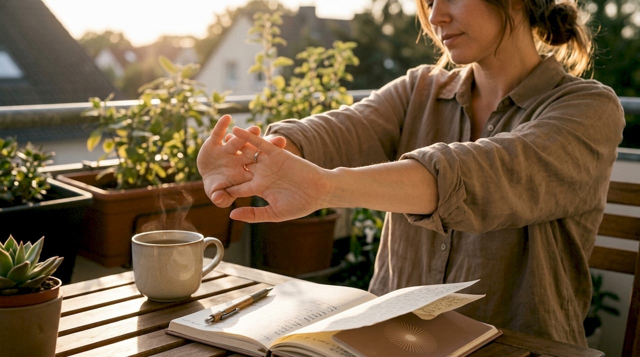 Hände, die sich in der Morgensonne neben Tee, Tagebuch und Sukkulente auf dem Schreibtisch ausstrecken.
