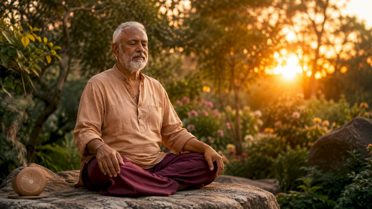 Elderly man meditating outdoors at sunrise