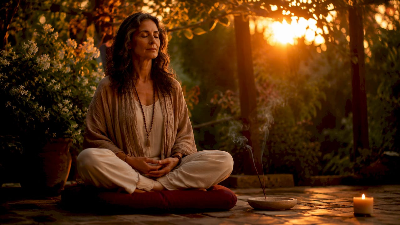 Woman meditating with prayer hands in warm sacred room