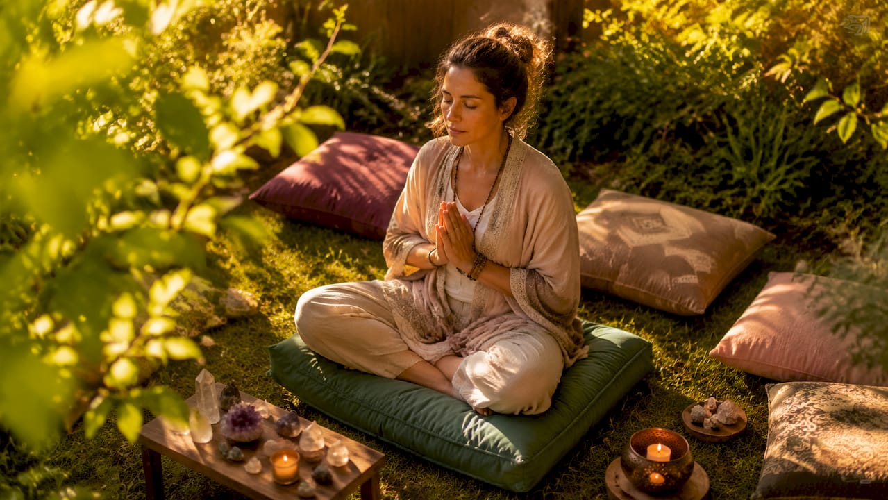 Woman meditating with prayer hands and candlelight