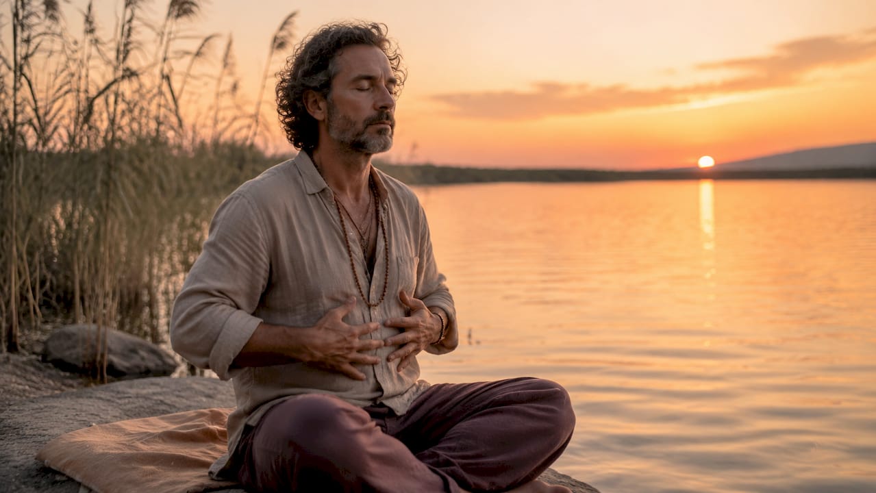 Man practicing somatic breath ritual by forest stream