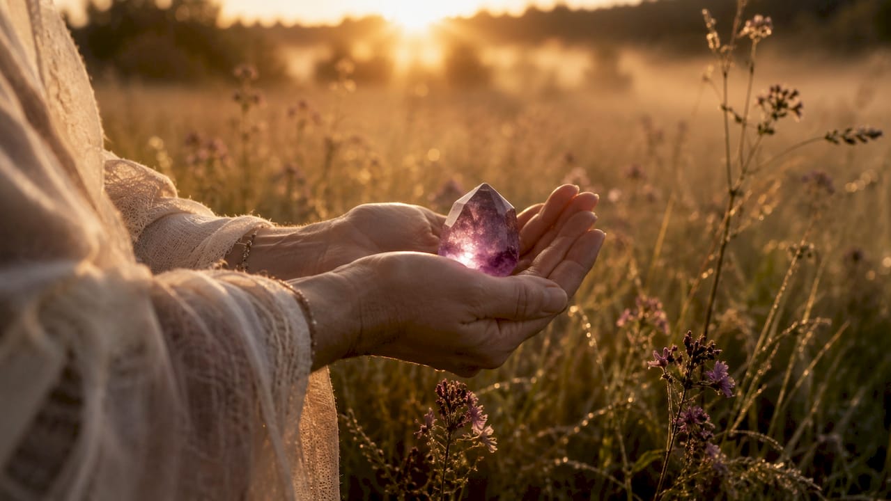 Hands holding glowing crystal in forest sunrise