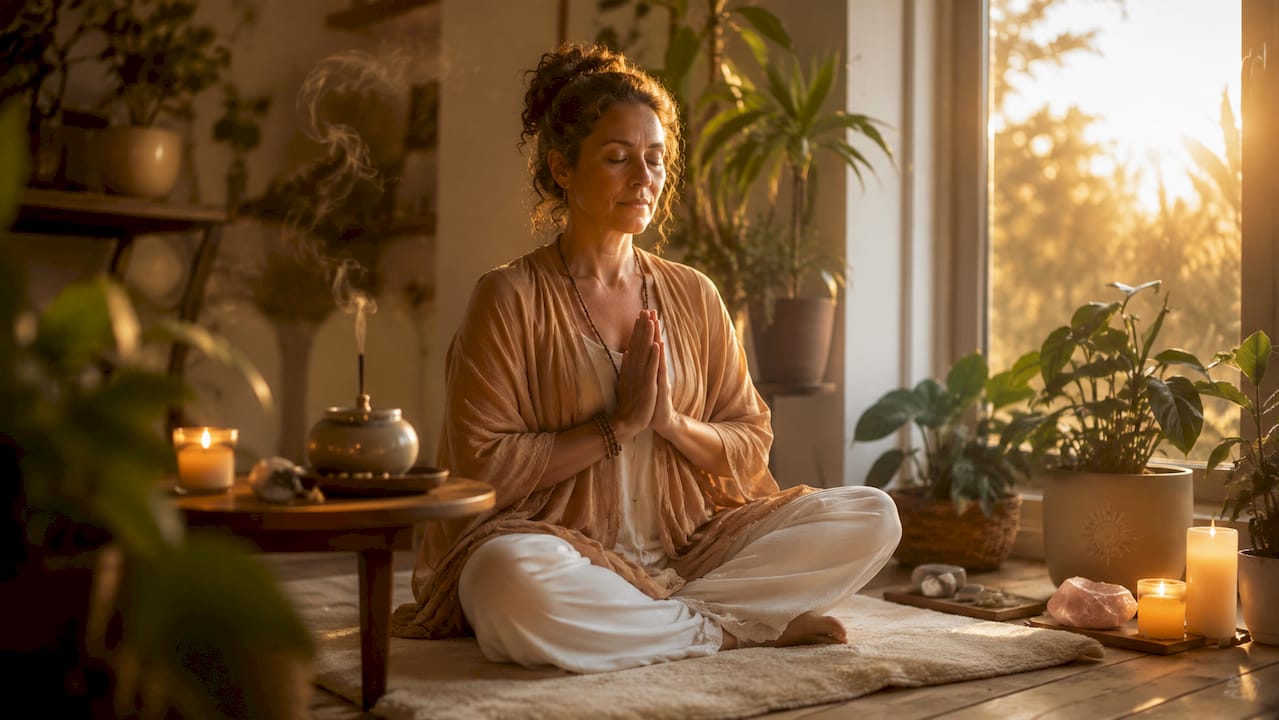 Woman meditating with candlelight and crystals