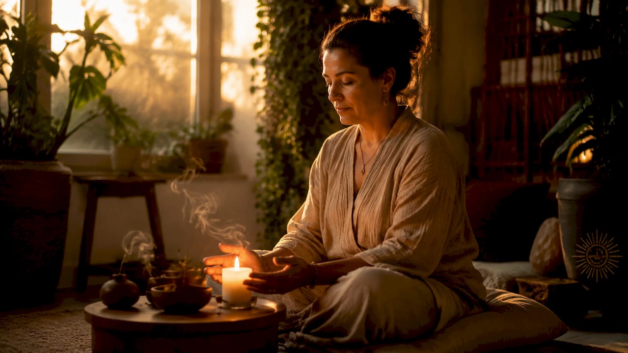 Woman meditating with candle and incense