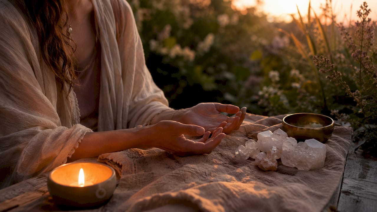 Hands with crystals and candlelight setup