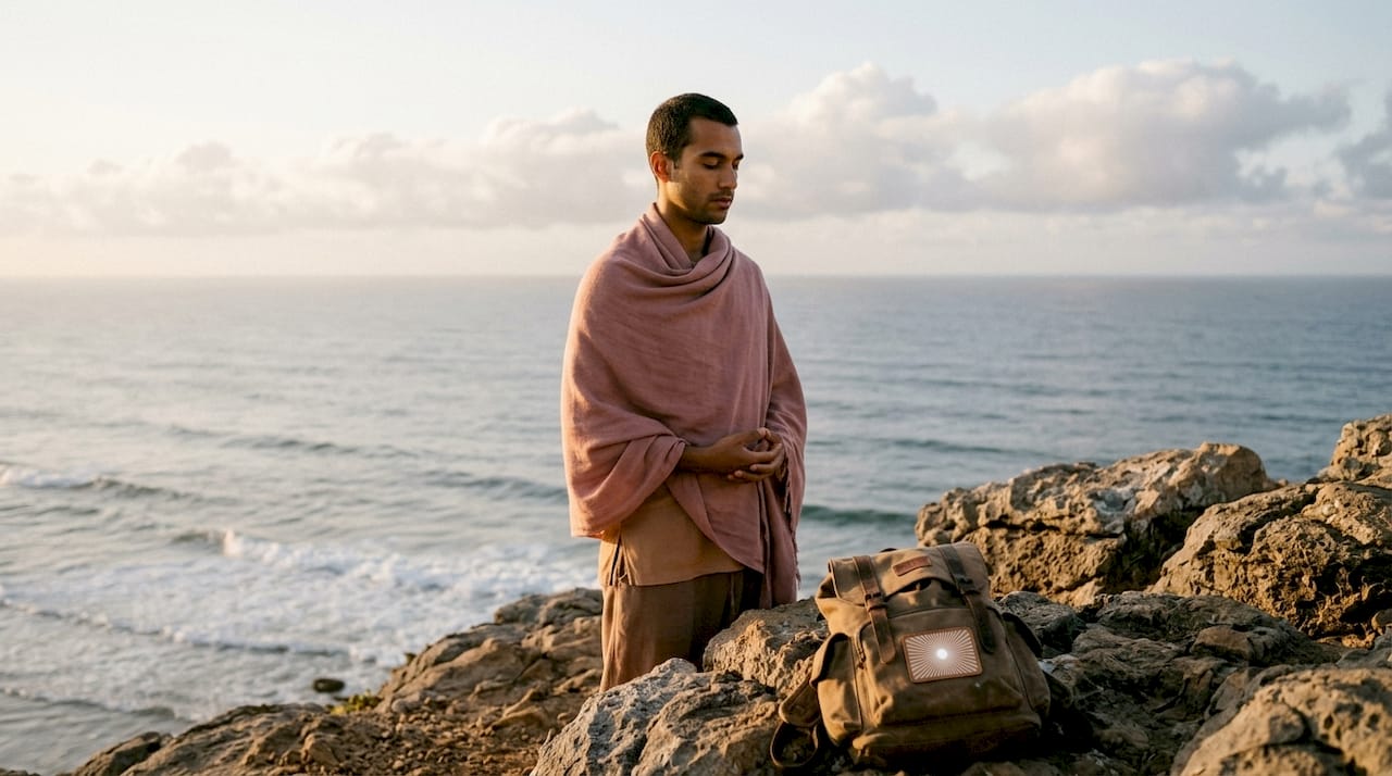 Young man in prayer gesture at sunrise hilltop