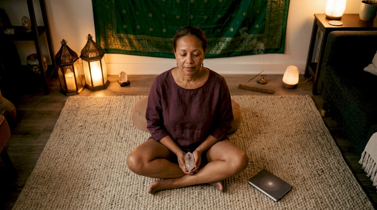 Woman meditating with candlelight and crystals