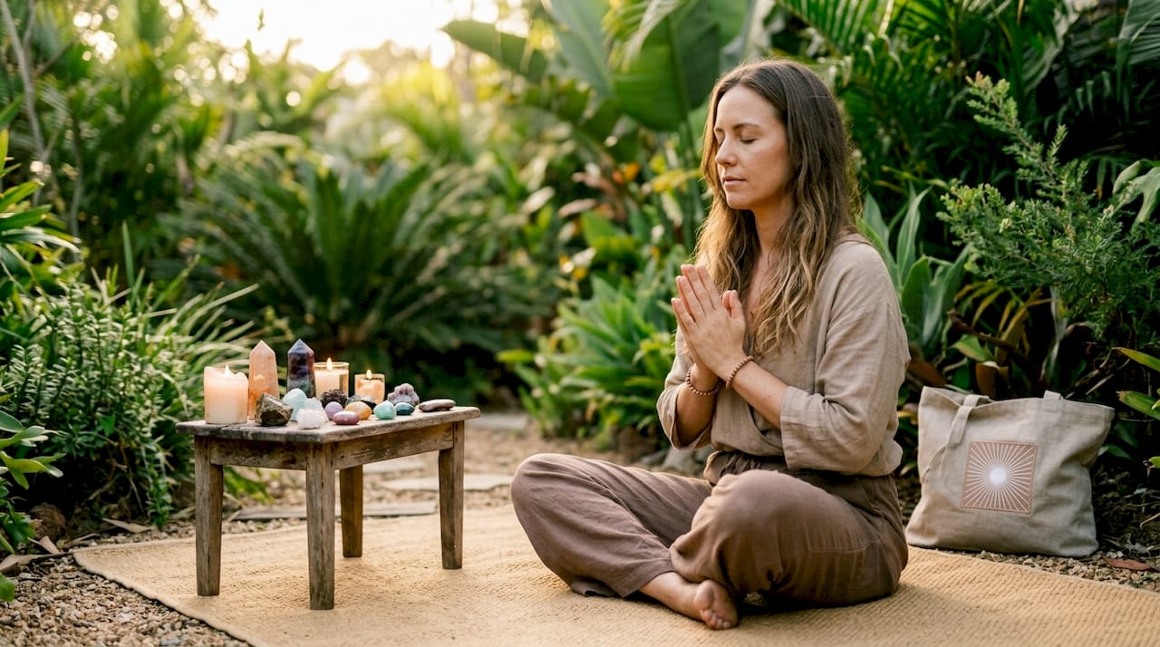 Woman meditating with candlelight and crystals