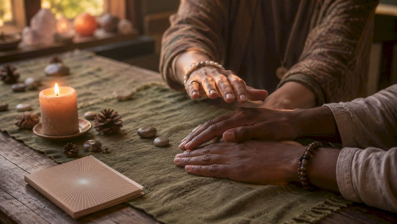 Hands in healing gesture with candlelight and symbols