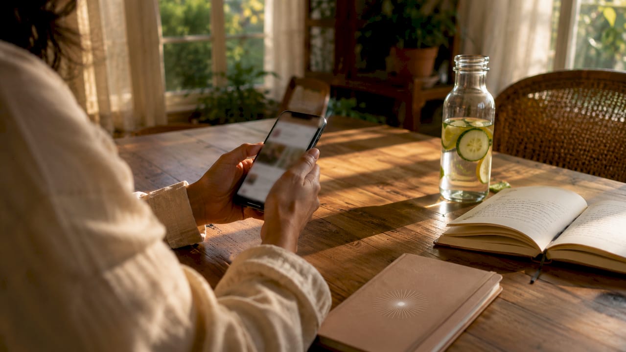 Hands using smartphone for health marketplace browsing