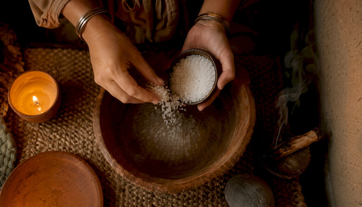 Hands holding salt bowl near ceremonial water basin