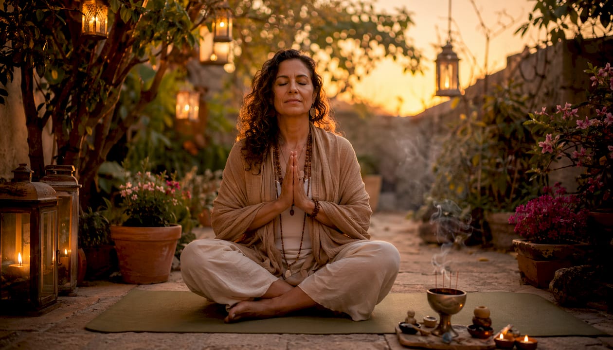 Woman meditating in softly lit sacred space